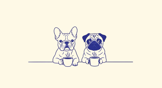 Minimalist French Bulldog and Pug vector illustration, cute dogs drinking coffee at a table, blue line art pet characters on cream background