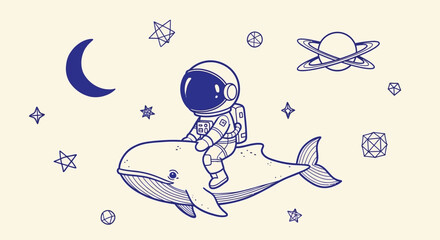 Whimsical astronaut riding a whale in space vector, hand drawn cosmic illustration with moon and stars, surreal galaxy dreamscape art © FATEMA