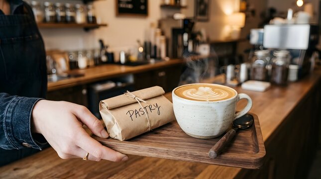 Barista serving hot latte and wrapped pastry on wooden tray in cafe