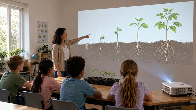 Projected life cycle helps children understand real seedlings on table, linking plant science, visual learning, hands on education and modern classroom technology with projector at school.