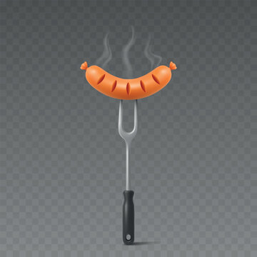 Sausage, 3d Vector Illustration. Grilled Sausage on Barbecue Fork. Realistic Sausage Food Illustration Isolated. BBQ Menu, Cookout, Grill Party, Picnic, Kitchen Design, Fast Food