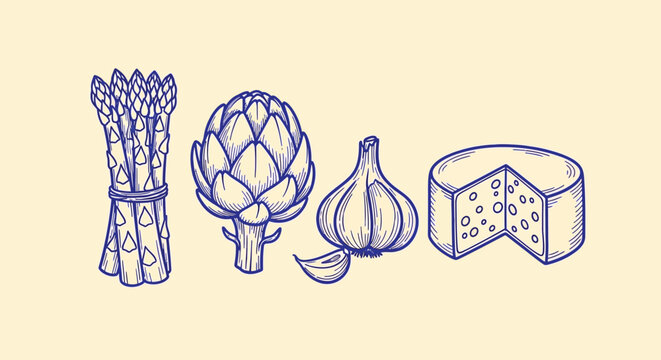 Vintage hand drawn food illustrations, blue line art of asparagus, artichoke, garlic, and cheese wheel, rustic organic ingredients vector set