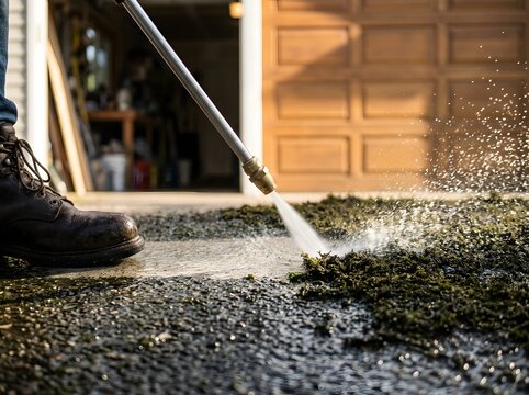 Pressure washer spray removing thick moss from asphalt driveway outside garage   