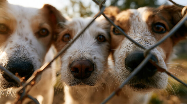 Sad rescue dogs looking through a rusty chain-link fence at an animal shelter, waiting for adoption and hoping for a loving home