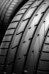Close-up of a modern car tire showing its detailed tread pattern. © VanderWolf Images