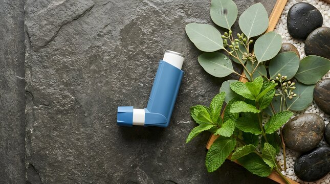 Blue asthma inhaler for respiratory relief with eucalyptus and mint
