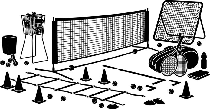 Tennis practice equipment silhouette with rebounder net and ladder.