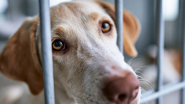 Close-up portrait of a cute black and white Border Collie dog looking through metal bars with sad and curious eyes, waiting at animal shelter or home.