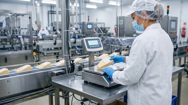 Worker places sealed cheese package on industrial scale for weight verification, showing portion control, packaging accuracy and dairy quality assurance in food production.