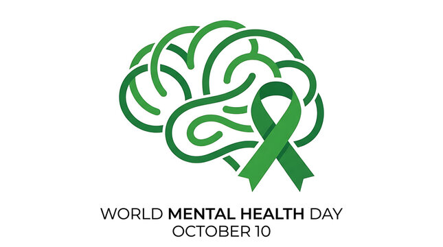 World Mental Health Day illustration with green brain design and awareness ribbon