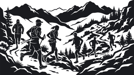 Fototapeta premium Trail runners silhouette athletes navigate rugged mountain landscape.