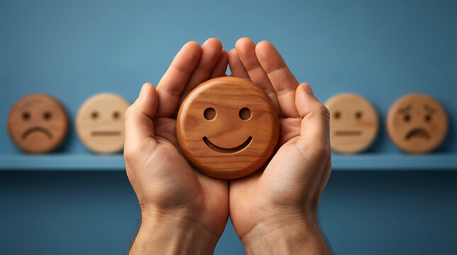 Person cupped hands holding wooden smiley face mood feedback rating concept