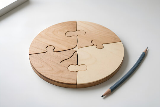 Round wooden puzzle board with four interlocking pieces on a white worktable under window light