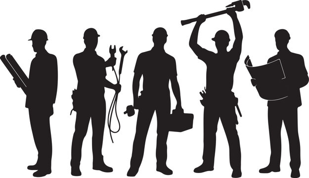 Silhouettes of construction workers and engineers with tools and blueprints