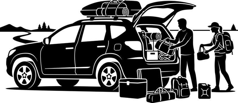 Family packing luggage into car trunk for road trip vector design.
