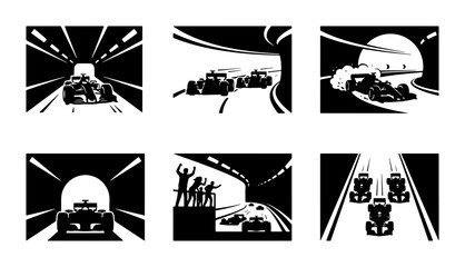 Obraz premium Black and white formula race cars driving through tunnels and on
