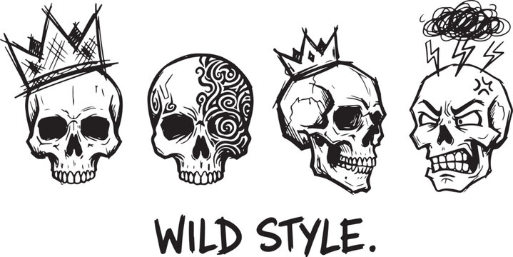 Set of four hand drawn skulls with different expressions and styles