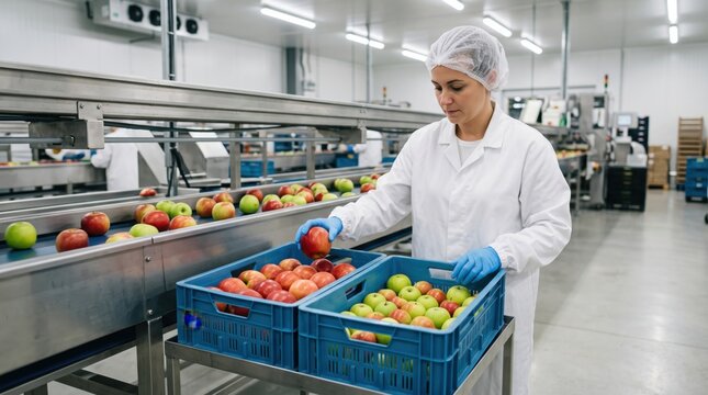 Apple packing line demonstrates manual size grading, linking harvest quality, produce sorting, standardized packing and agricultural processing workflow.