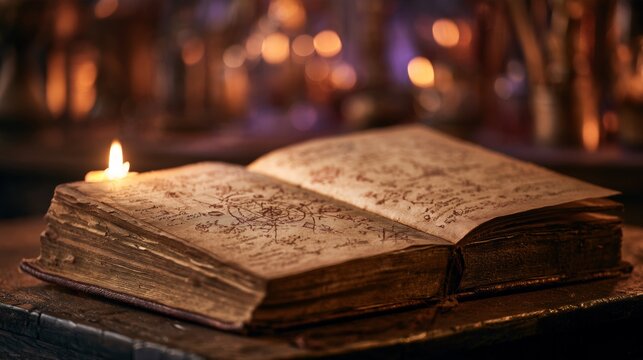 Open ancient magic book, Halloween concept.