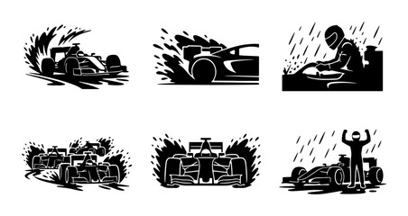 Obraz premium Black and white formula 1 racing icons, dynamic motion splashes
