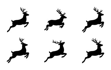 Six black reindeer silhouettes in jumping poses, graphic design © Designhoost Ltd