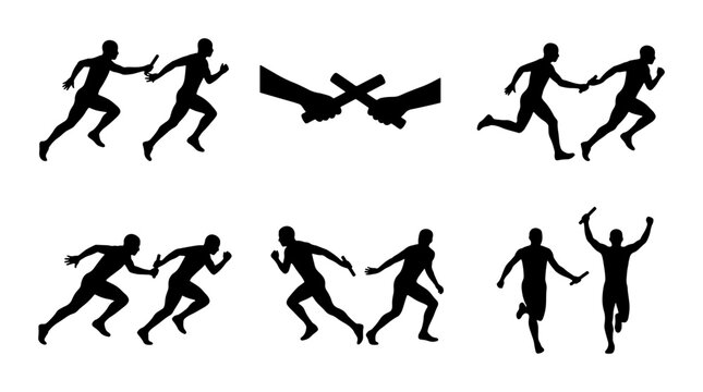 Black runner silhouettes passing baton, relay race icons, sports