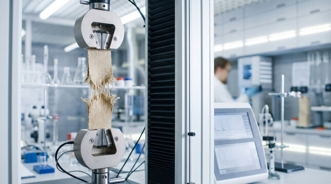 Biodegradable agricultural fiber sheet undergoing tensile strength testing in a materials laboratory, with the natural fiber specimen secured between clamps of a testing machine.