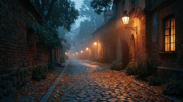 Foggy cobblestone street with lantern light in quiet historic town evening