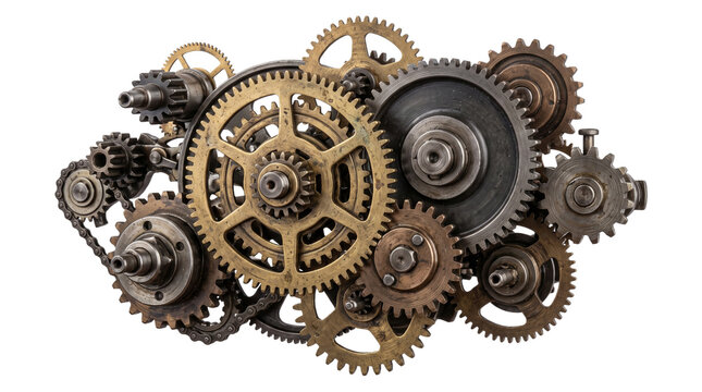 Industrial metal gears and clockwork machinery parts demonstrate mechanical engineering and complexity.