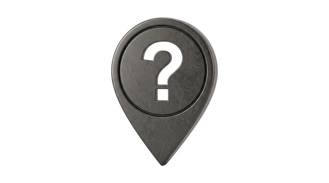 Metallic silver map location pin with question mark symbol for help and support center navigation design.
