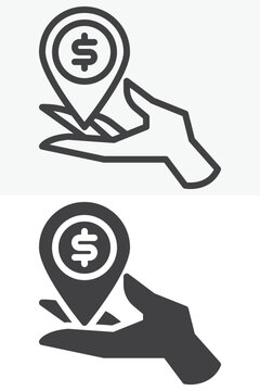 Bank location icon set with dollar map marker above open hand. Line, outline and solid icon in different style, editable stroke vector sign and symbol for banking.