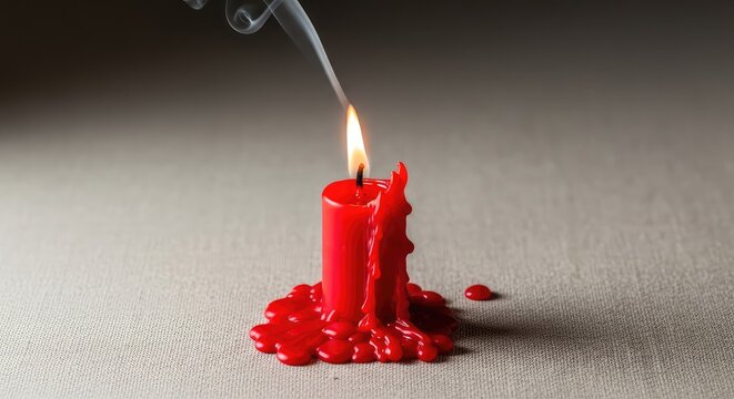 Burning red wax candle flickers dangerously atop a festive linen cloth, trailing dark smoke and melting puddles, highlighting fire risks, red, burning, textile