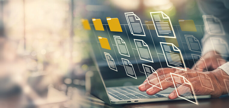 Digital Document Management Banner with Hands Typing on Laptop and Floating Folder Structure.  