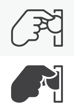 Hand inserting coin icon set with fingers placing dollar coin into slot. Line, outline and solid icon in different style, editable stroke vector sign and symbol.