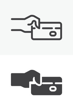 Hand with credit card icon set showing fingers holding bank card. Line, outline and solid icon in different style, editable stroke vector sign and symbol for payment.