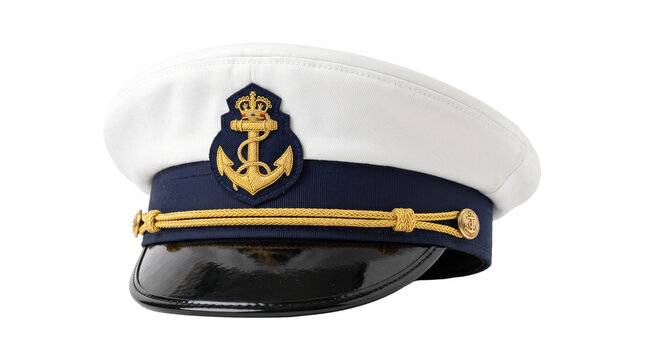 Navy officer peaked cap featuring white crown gold emblem and black patent visor for formal dress attire.
