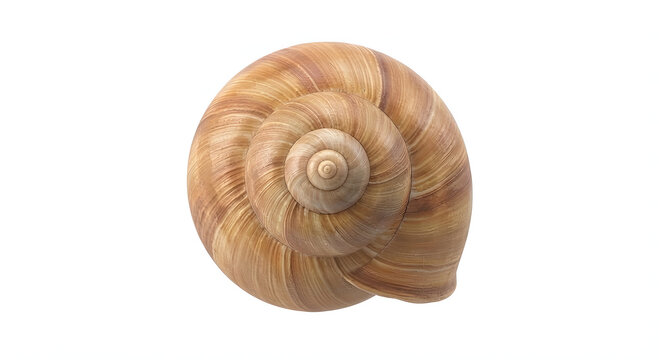 Perfect spiral pattern of an empty brown snail shell isolated on a clean white background.