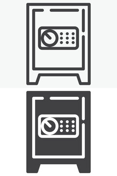 Safe deposit icon with keypad door in line, outline and solid styles. Editable stroke vector sign and symbol set. Security icon for vault storage and bank icon.