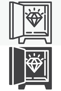 Safe box with diamond icon in line, outline and solid styles. Editable stroke vector sign, symbol set. Vault icon for gem storage, luxury security and treasure icon use.