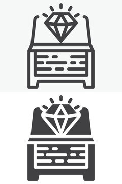 Chest with diamond icon in line, outline and solid styles. Editable stroke vector sign and symbol set. Treasure icon with gem box for luxury storage and wealth icon.
