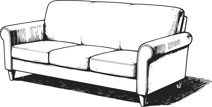 classic three seater sofa with cushioned seats and rolled arms, hand drawn black and white sketch