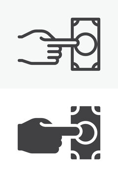 Hand with money bill icon in line, outline and solid styles. Editable stroke vector sign and symbol set. Payment icon shows cash transfer and finance icon action.
