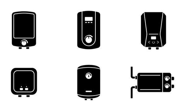 Black water heater icons, various shapes, plumbing graphic elements