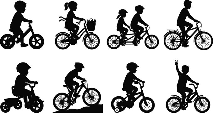 Kids Riding Bicycles Black Silhouettes