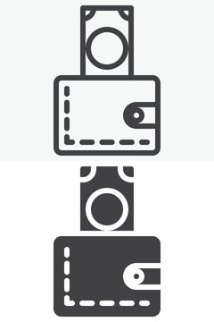 Wallet with money icon in line, outline and solid styles. Editable stroke vector sign and symbol set. Purse icon with banknote for cash storage and finance icon.