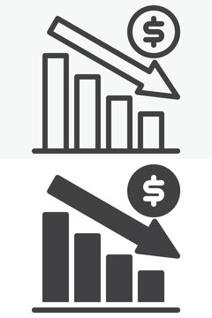 Dollar rate decrease icon with down arrow chart in line, outline and solid styles. Editable stroke vector sign, symbol set. Finance icon for decline, loss and market icon.