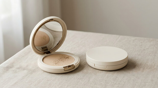 Premium blank makeup compact case mockup with matte ivory finish, open and closed versions arranged on soft beige surface, diffused studio lighting, realistic hinge and powder texture, clean editorial
