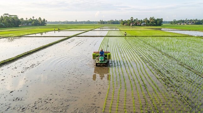 Farmer operating rice transplanter in waterlogged