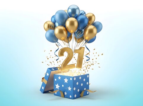 Celebratory 21st Birthday Surprise Emerging from a Sparkling Blue Gift Box with Golden Balloons and