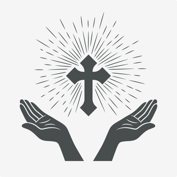 Black and White Open Hands Silhouette with Cross and Rays, Vector Illustration. Symbol of Faith and Prayer. Design Template for Church Logo. Prayer, Religion Concept. Monochrome Cut Out Icon